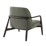 Green fabric chair with curved wooden arms, rear view.