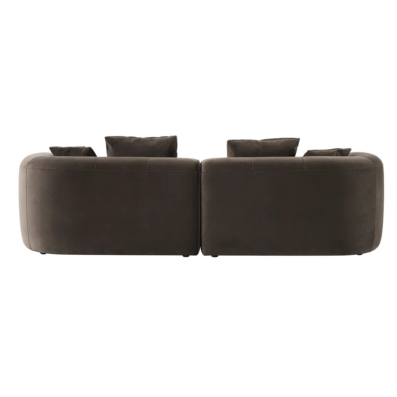 Back view of a brown velvet sofa with plush cushions.