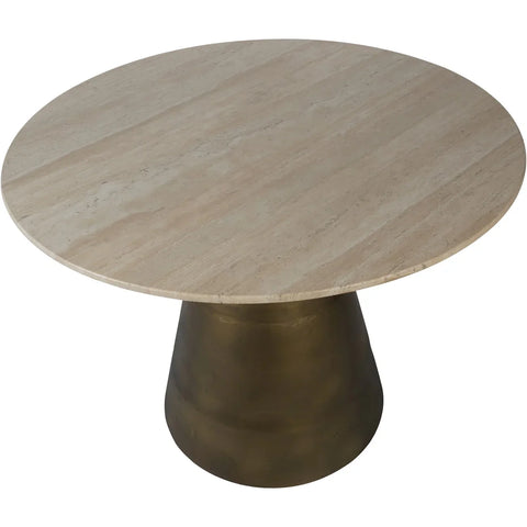 Light travertine round table with a smooth, natural stone surface.
