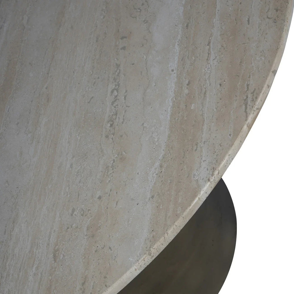 Beige travertine table surface with natural stone texture.