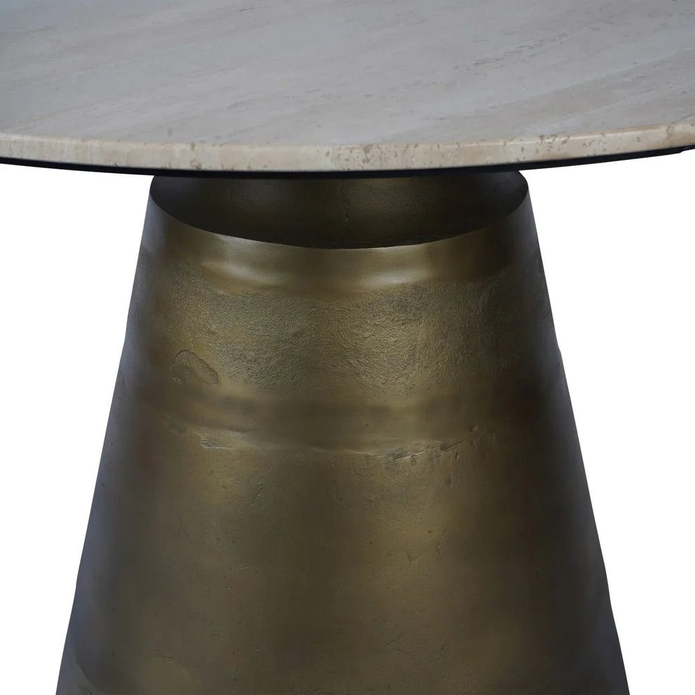 Beige travertine tabletop with a matte bronze conical base.