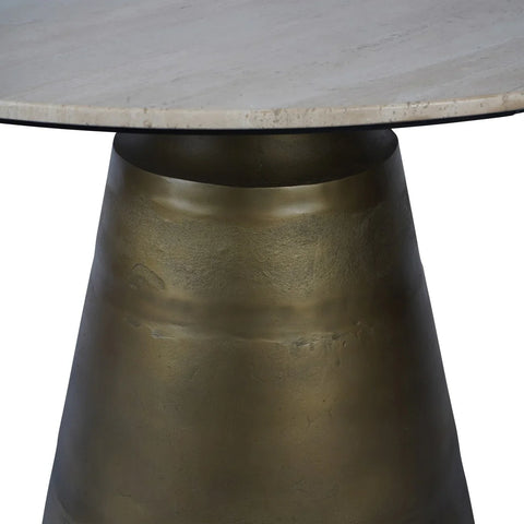 Beige travertine tabletop with a matte bronze conical base.