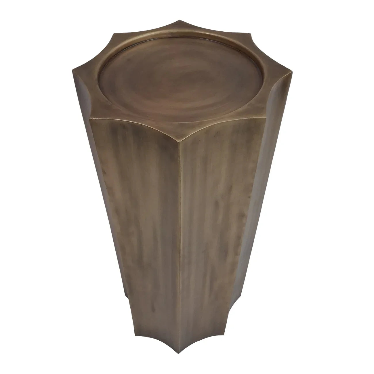 Antique brass plinth with a hexagonal top design.