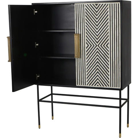 Black cabinet with open door, geometric inlay pattern, and brass handles.