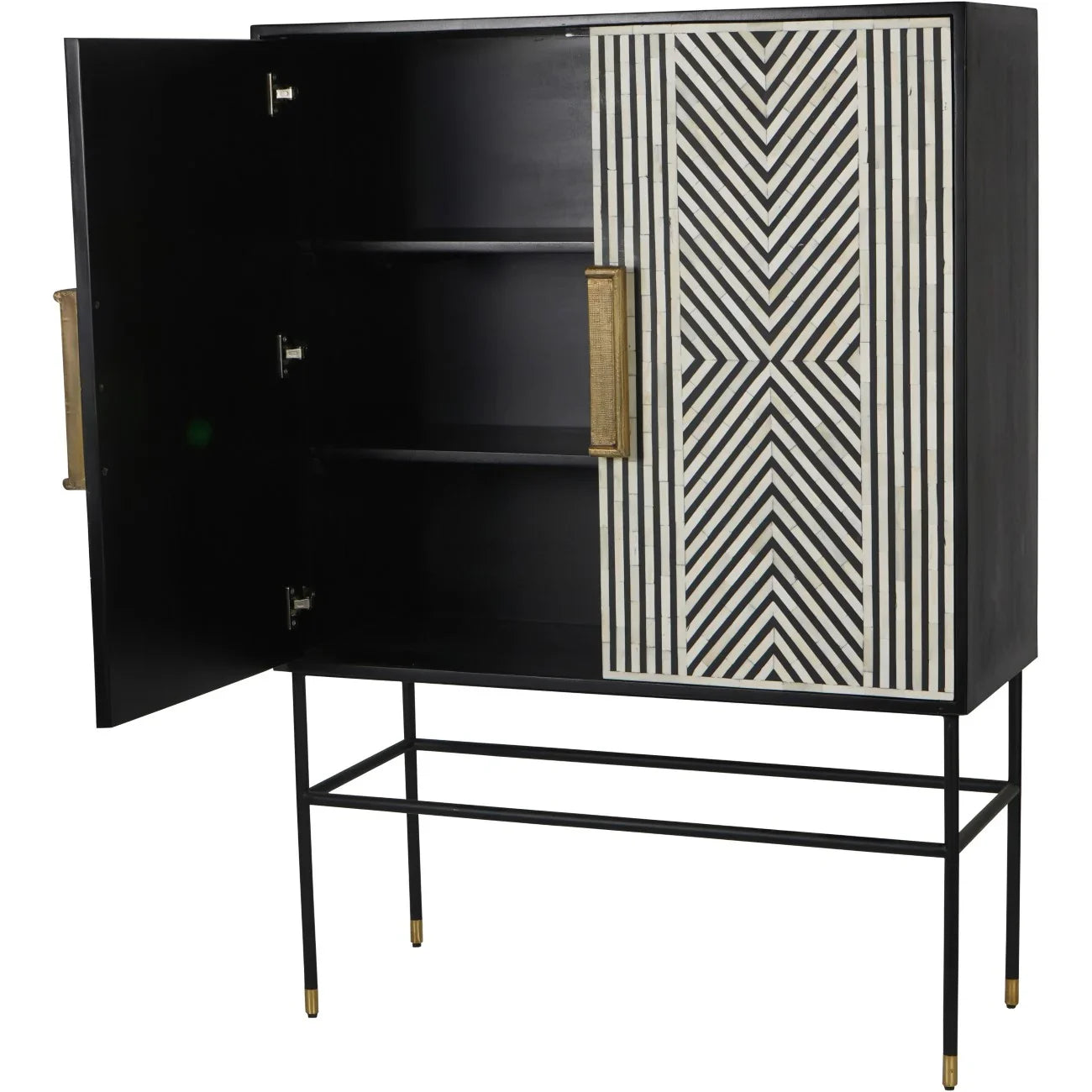 Black cabinet with open door, geometric inlay pattern, and brass handles.