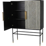 Black cabinet with open door, geometric inlay pattern, and brass handles.