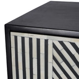 Black and white geometric pattern on cabinet corner detail.
