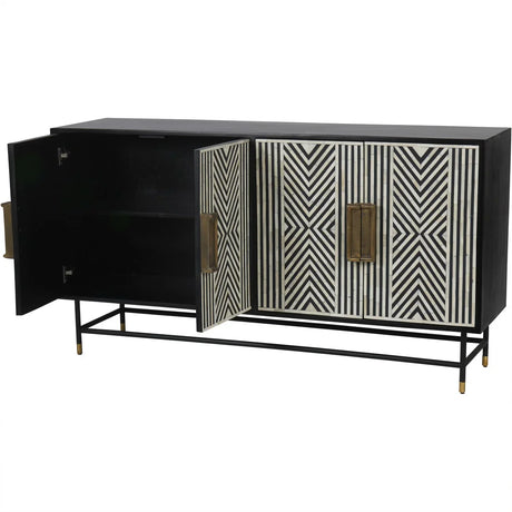Black and white inlay cabinet with open doors and geometric pattern.