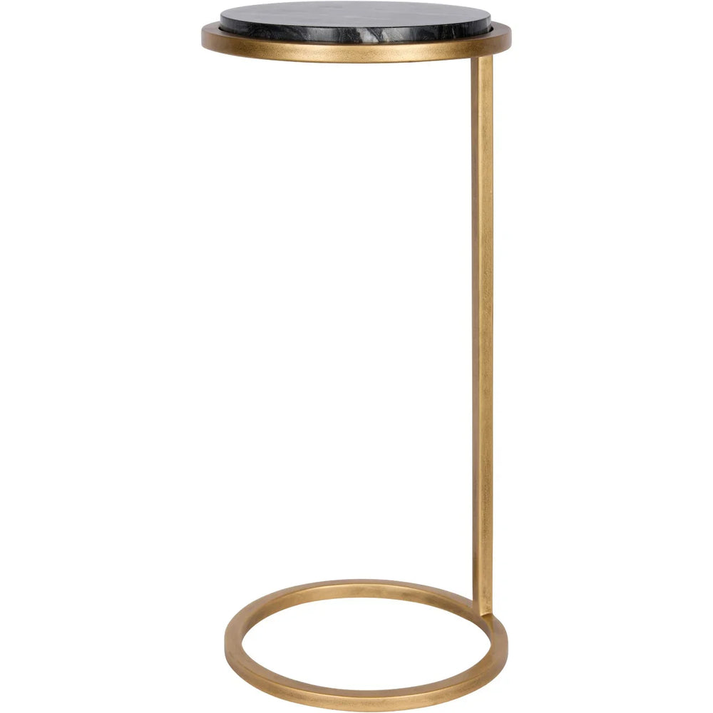 Black marble top table with aged gold circular frame.