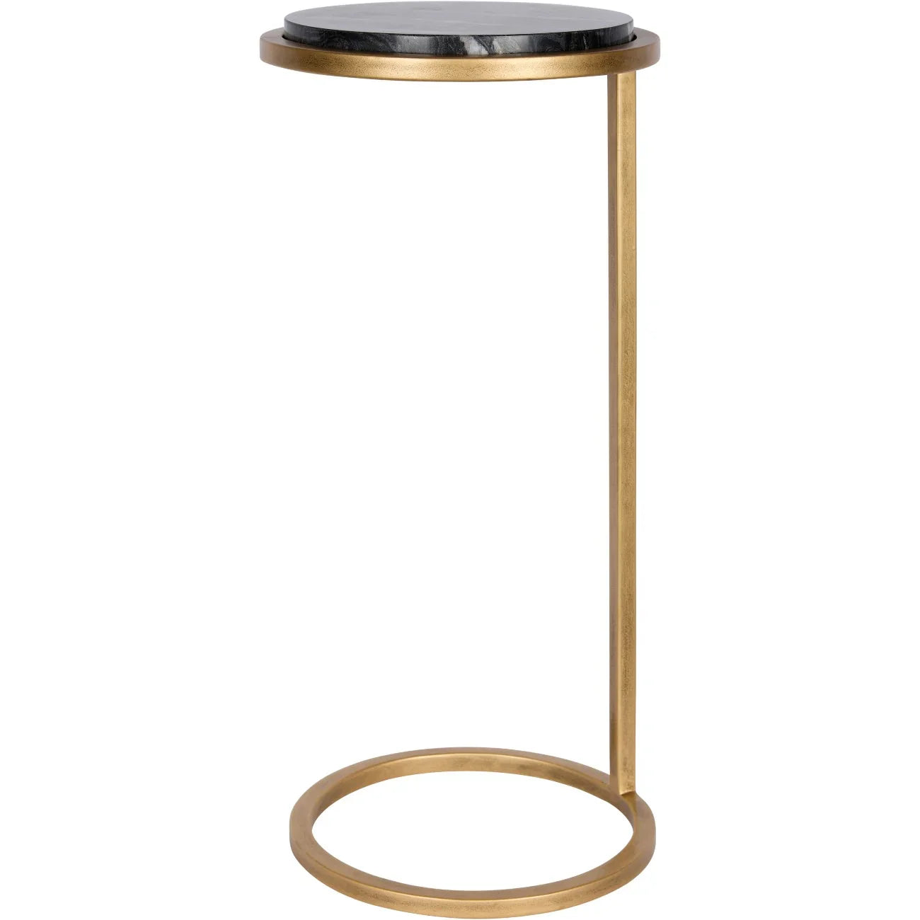 Black marble top table with aged gold circular frame.