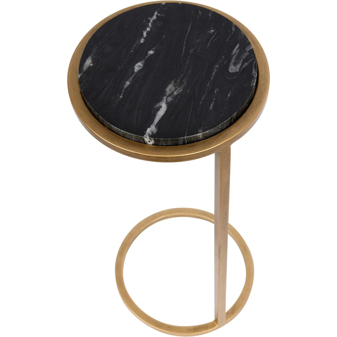 Black marble round tabletop with aged gold circular frame.