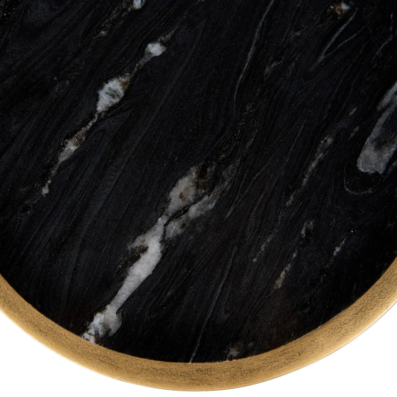 Black marble tabletop with white veining and gold edge detail.