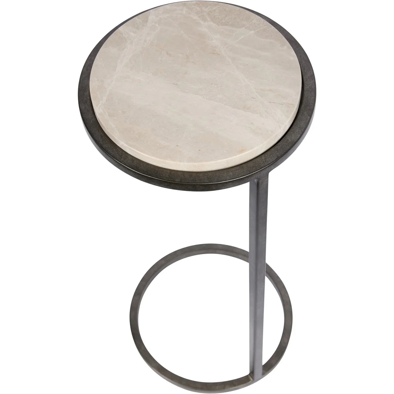 Round grey marble top with aged silver metal frame accent table.