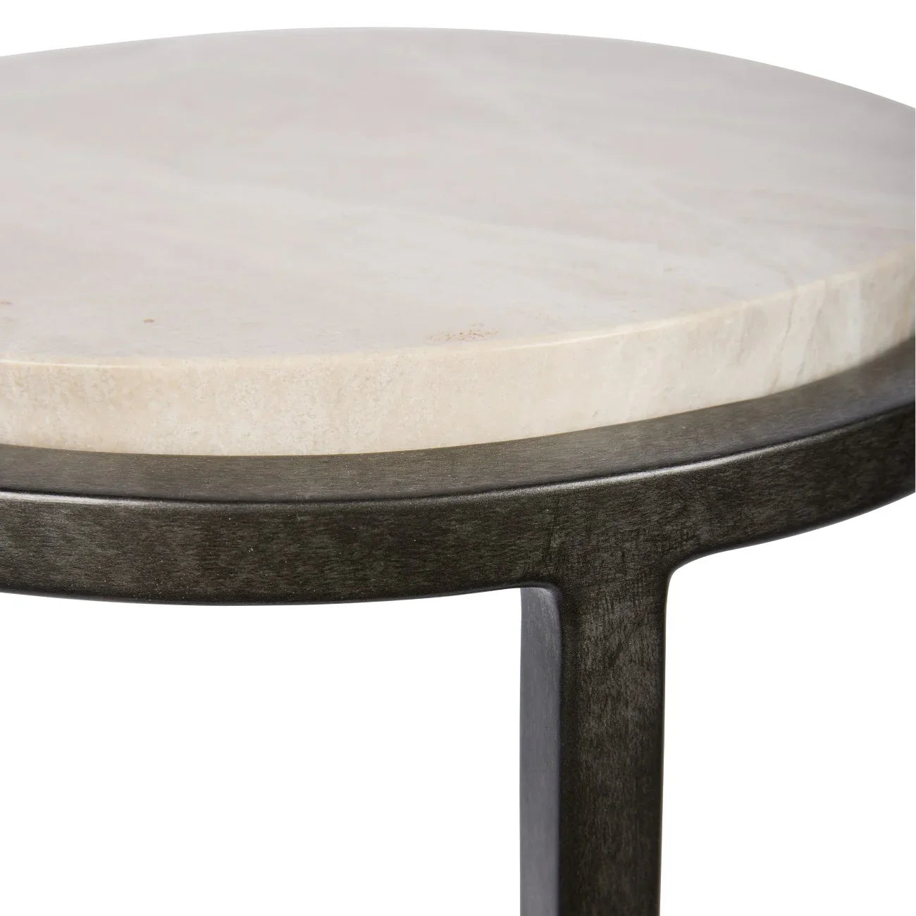Beige marble tabletop with dark silver frame detail.
