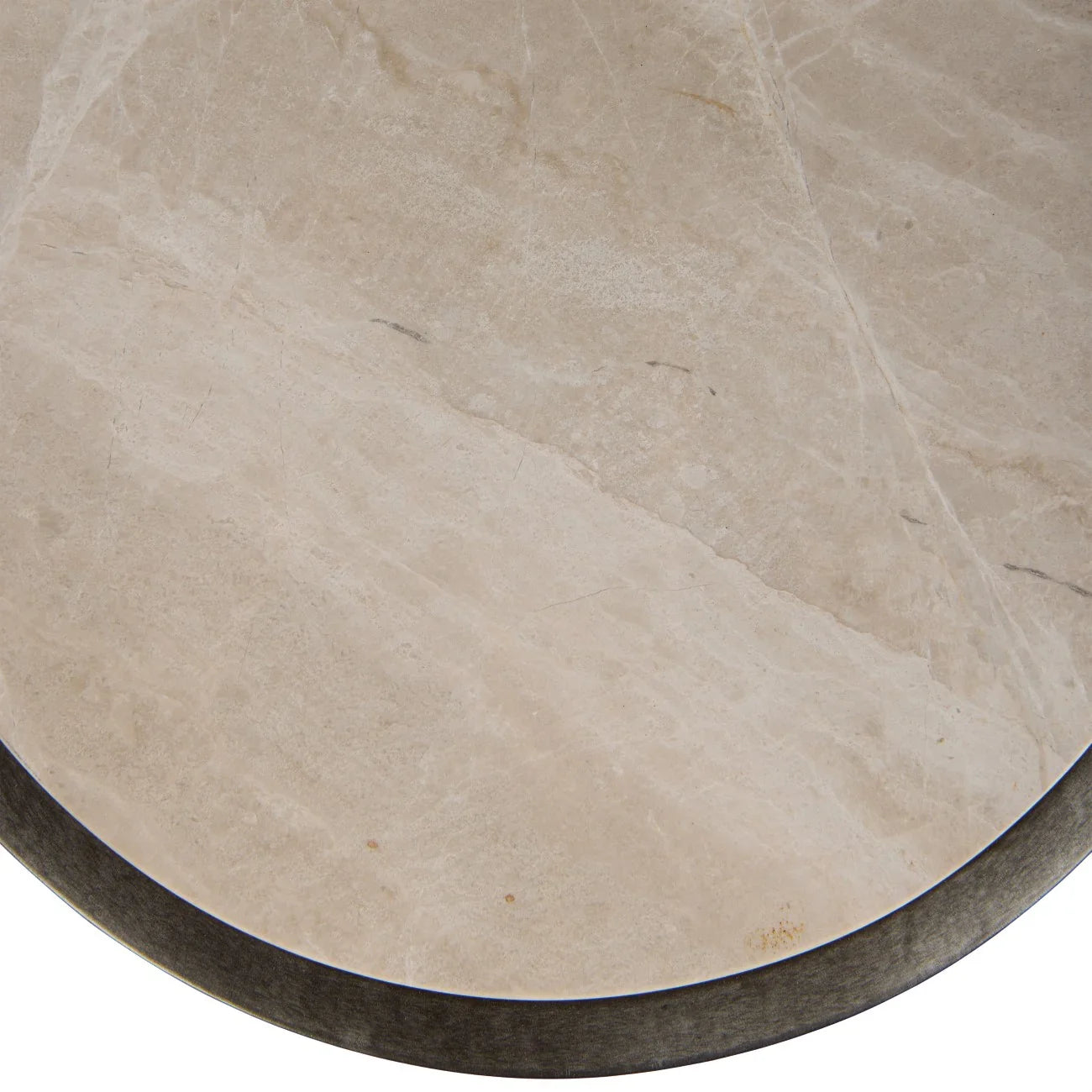 Grey marble tabletop with subtle veining and a silver edge.