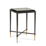 Dark metal side table with a square glass top and gold-tipped legs.