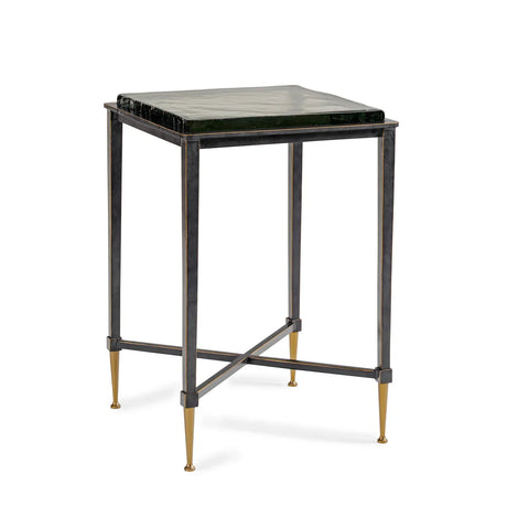Dark metal side table with a square glass top and gold-tipped legs.