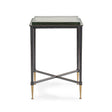 Black metal side table with a square glass top and gold-tipped legs | Home Centre Direct UK