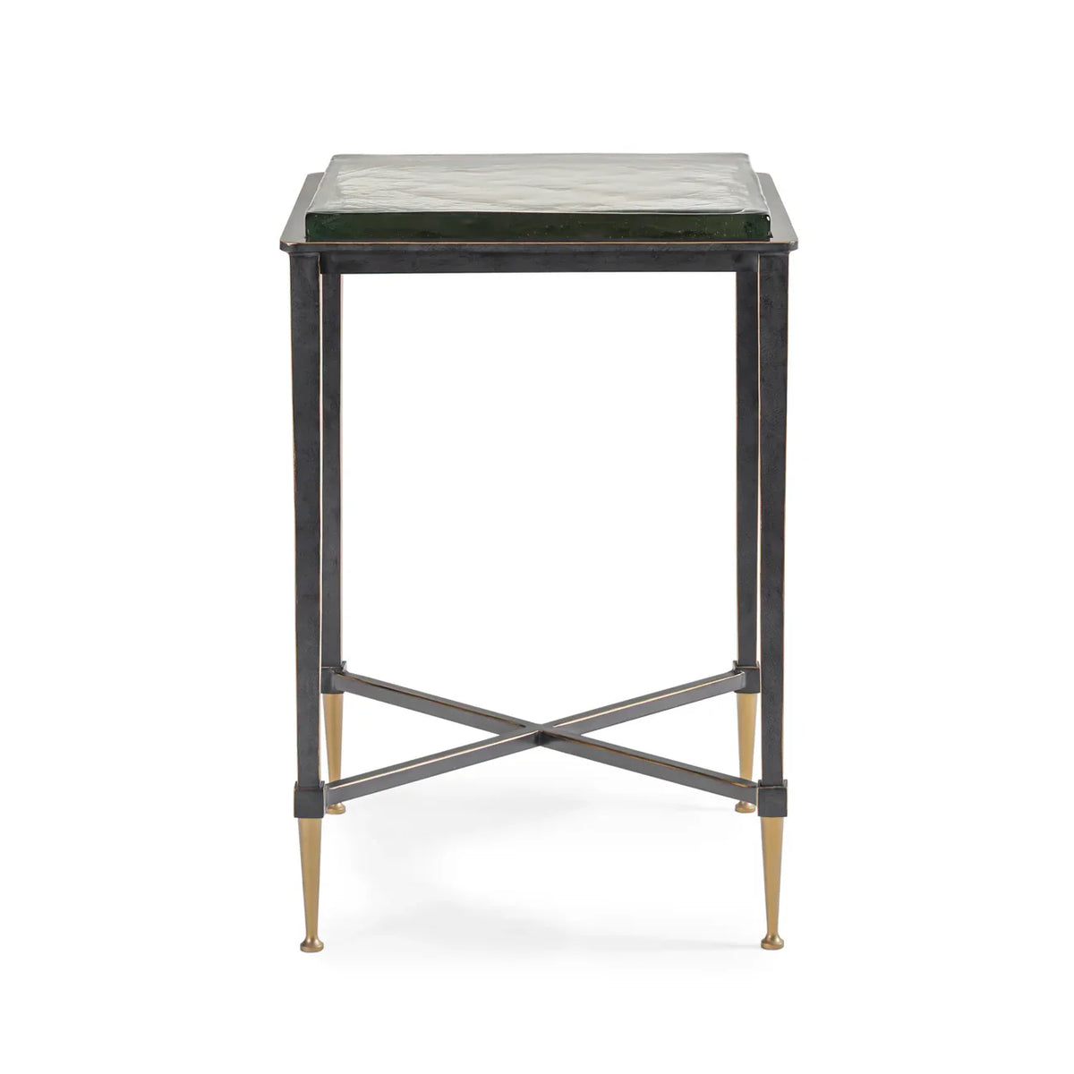 Black metal side table with a square glass top and gold-tipped legs | Home Centre Direct UK