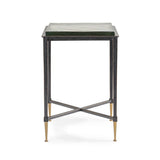 Black metal side table with a square glass top and gold-tipped legs | Home Centre Direct UK