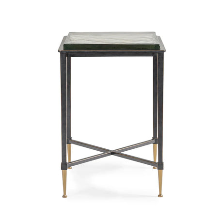 Black metal side table with a square glass top and gold-tipped legs | Home Centre Direct UK