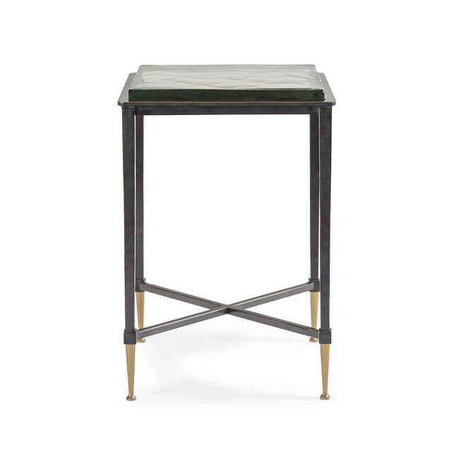 Black metal side table with a square glass top and gold-tipped legs | Home Centre Direct UK