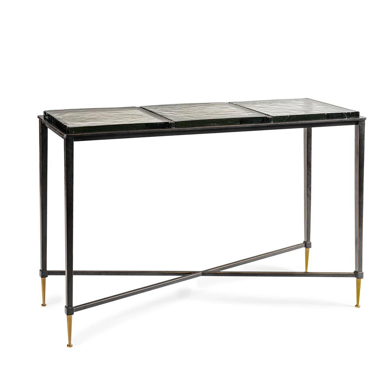 Black metal console table with glass top and gold-tipped legs.