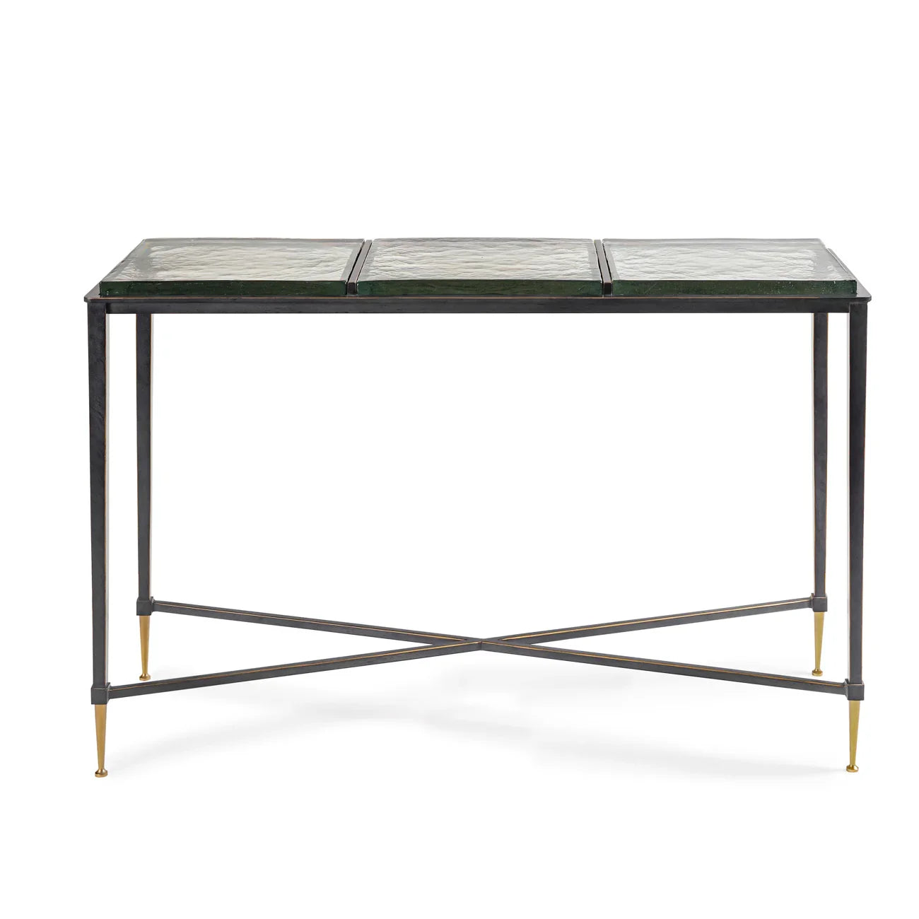 Black metal console table with glass top and gold accents | Home Centre Direct UK