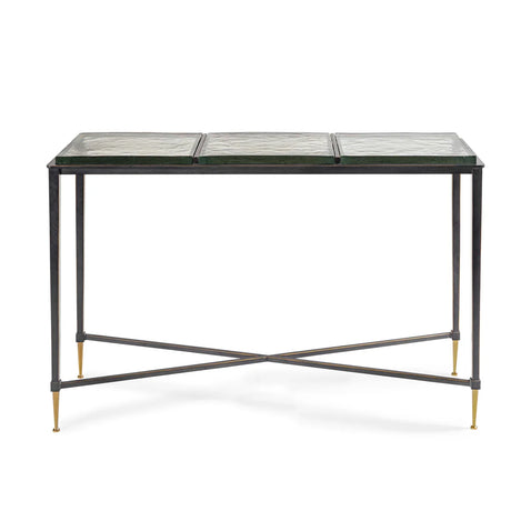 Black metal console table with glass top and gold accents | Home Centre Direct UK