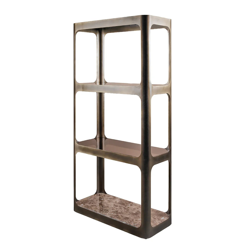 Smoked bronze shelving unit with glass and marble shelves.