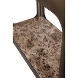 Brown marble shelf with smoked bronze metal frame detail.