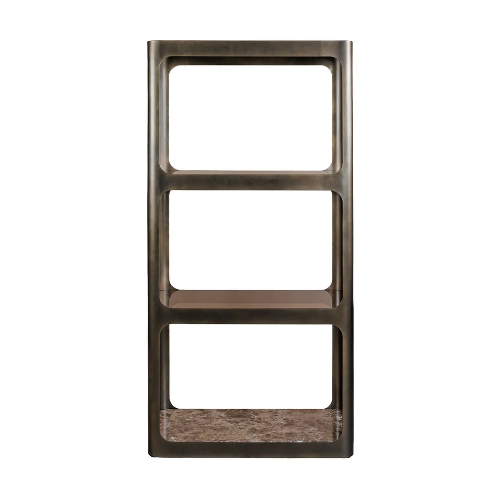 Smoked bronze metal and glass shelving unit with marble base | Home Centre Direct UK