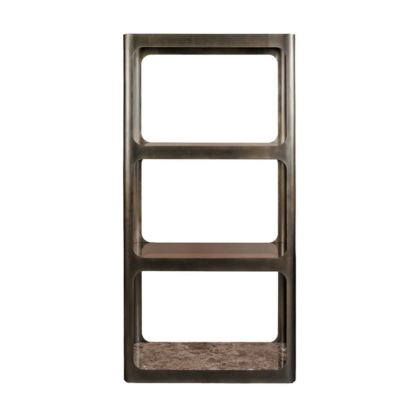 Smoked bronze metal and glass shelving unit with marble base | Home Centre Direct UK