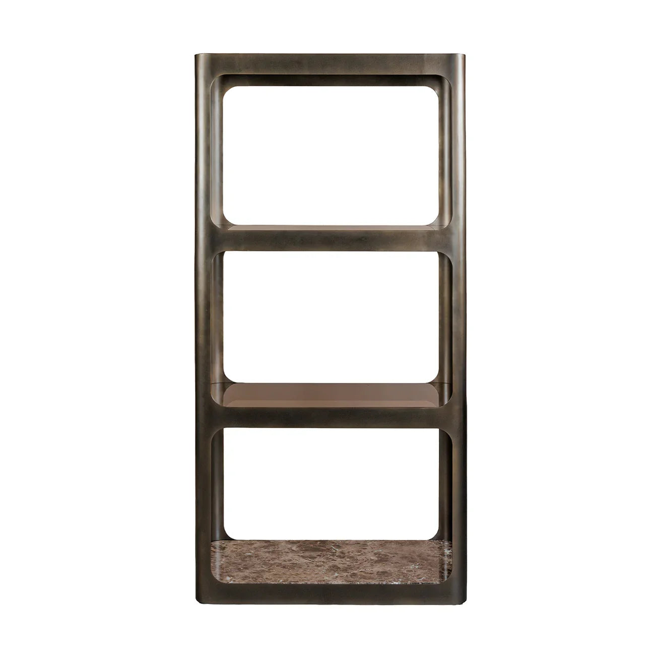 Smoked bronze metal and glass shelving unit with marble base | Home Centre Direct UK