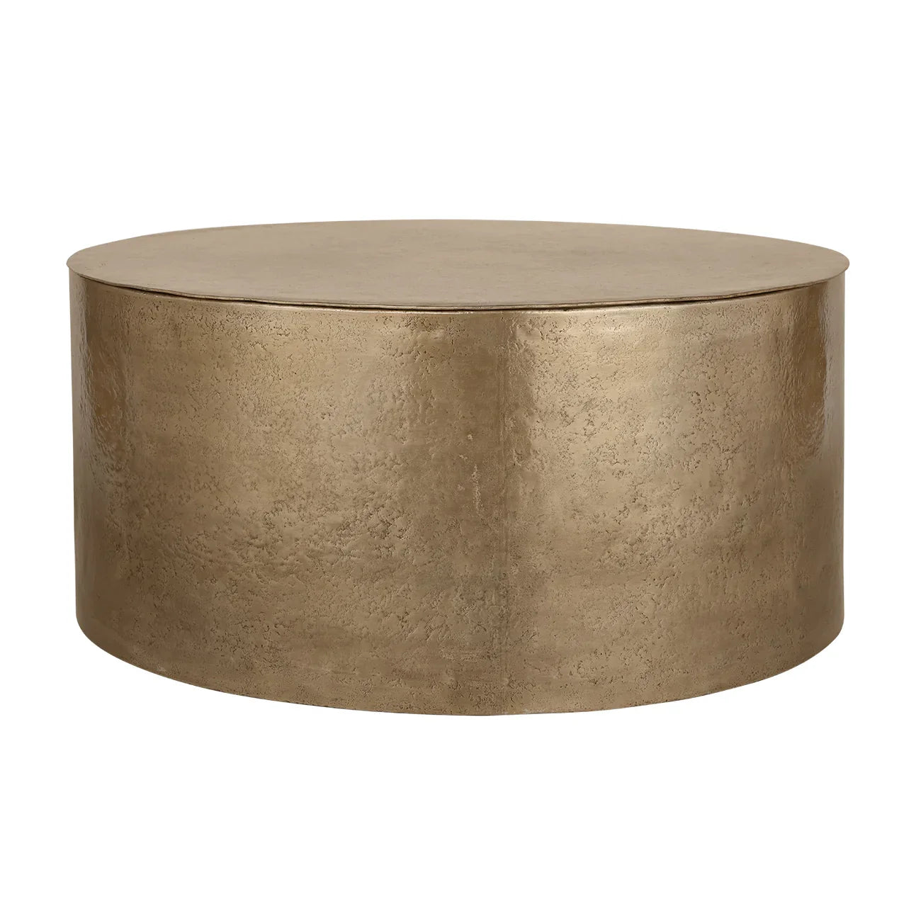 Gold metal drum coffee table with textured surface.