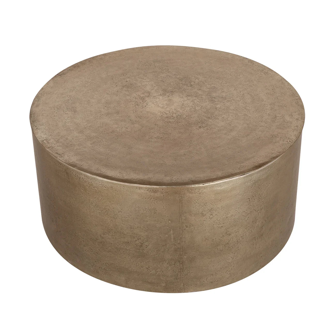Bronze round metal coffee table with a smooth, textured surface.