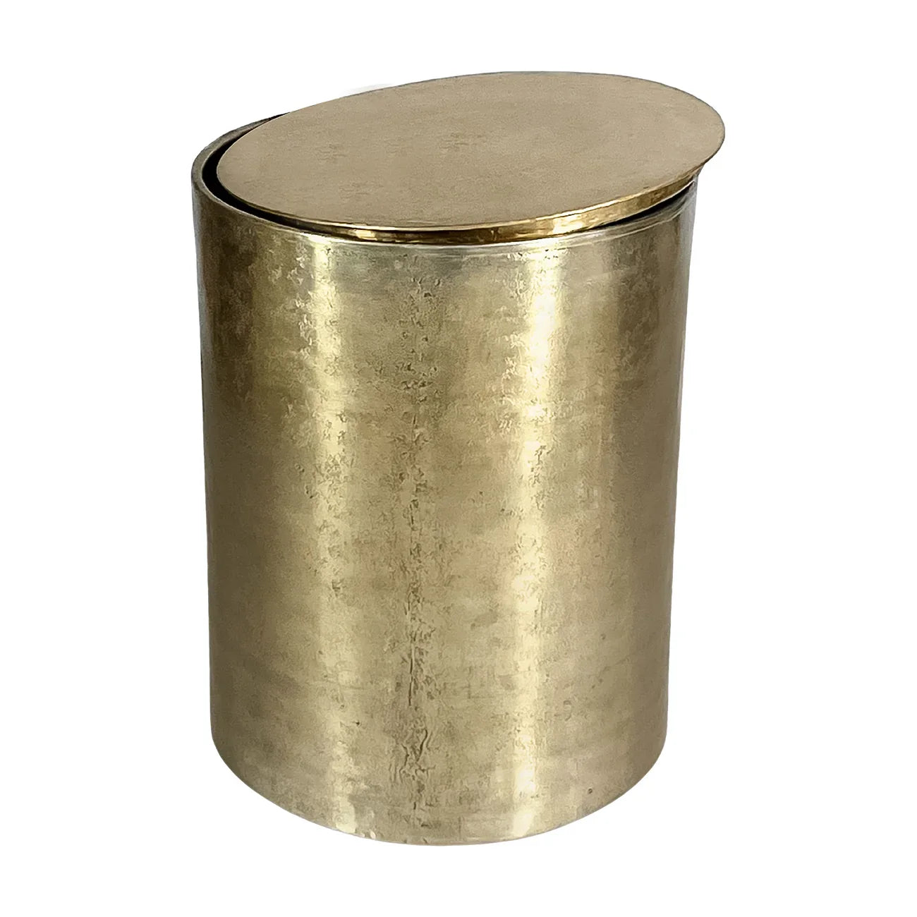 Gold cylindrical metal side table with a smooth surface.