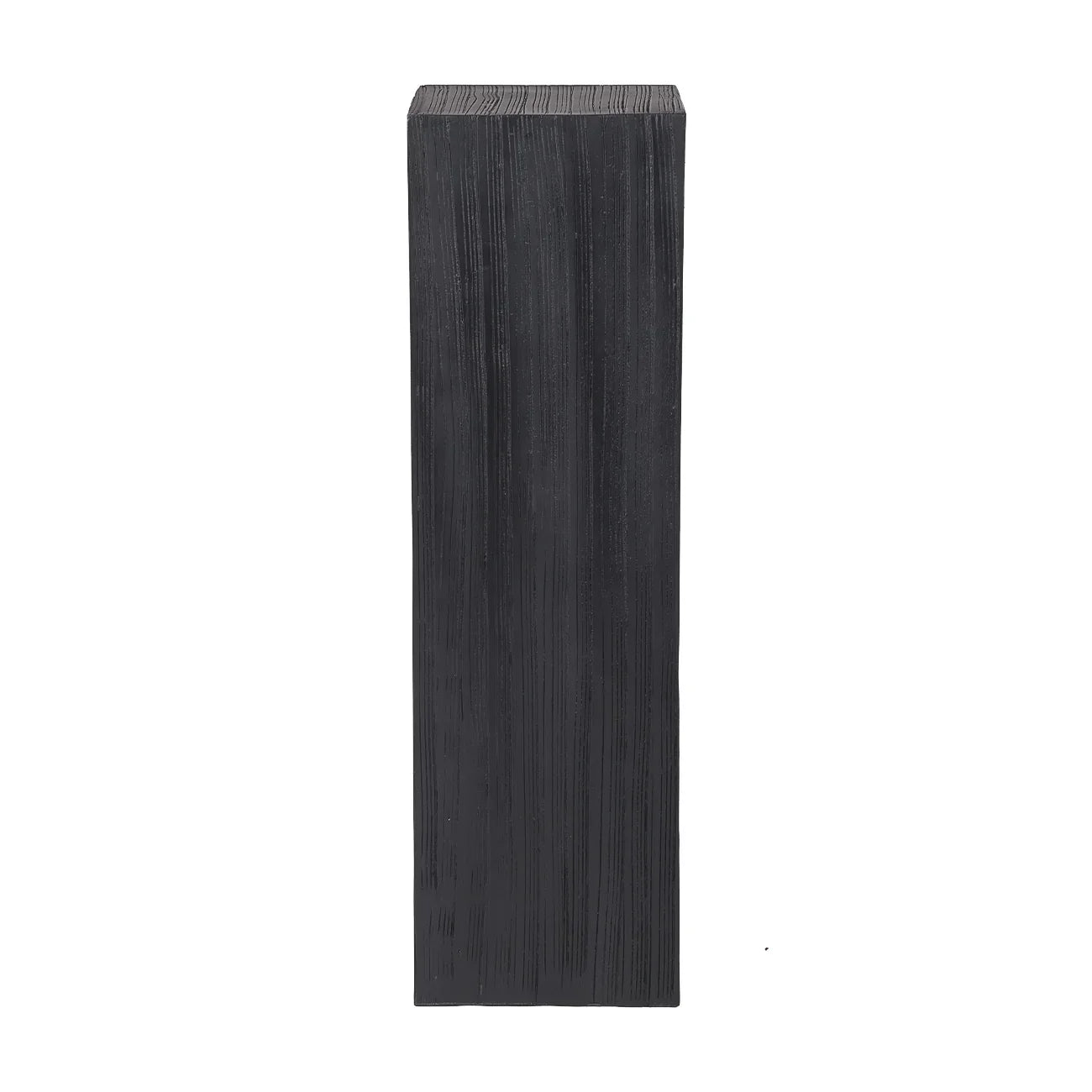 Dark wooden plinth with vertical grain texture.