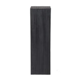 Dark wooden plinth with vertical grain texture.