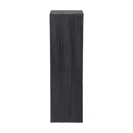 Dark wooden plinth with vertical grain texture.