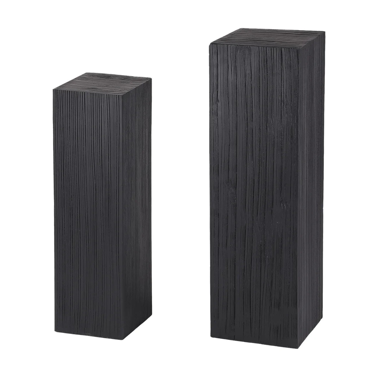 Black wooden plinths with vertical grain texture, two different heights.