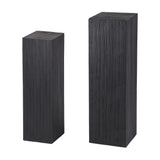 Black wooden plinths with vertical grain texture, two different heights.