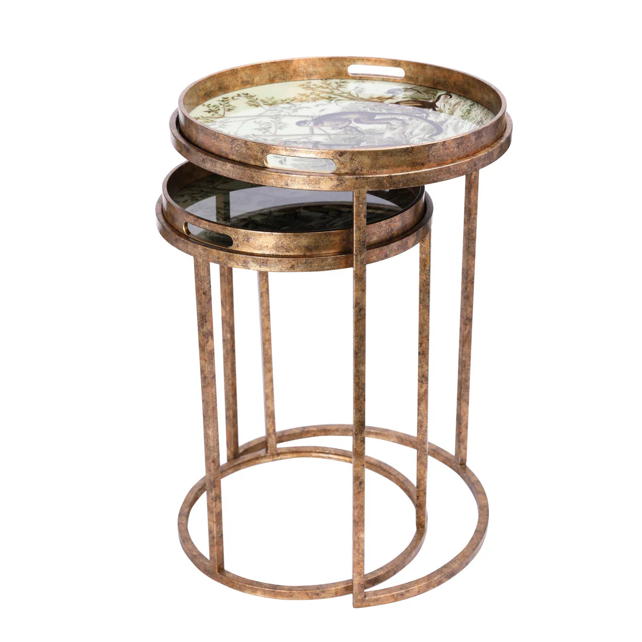 Bronze nesting tray tables with jungle-themed tops and circular bases.