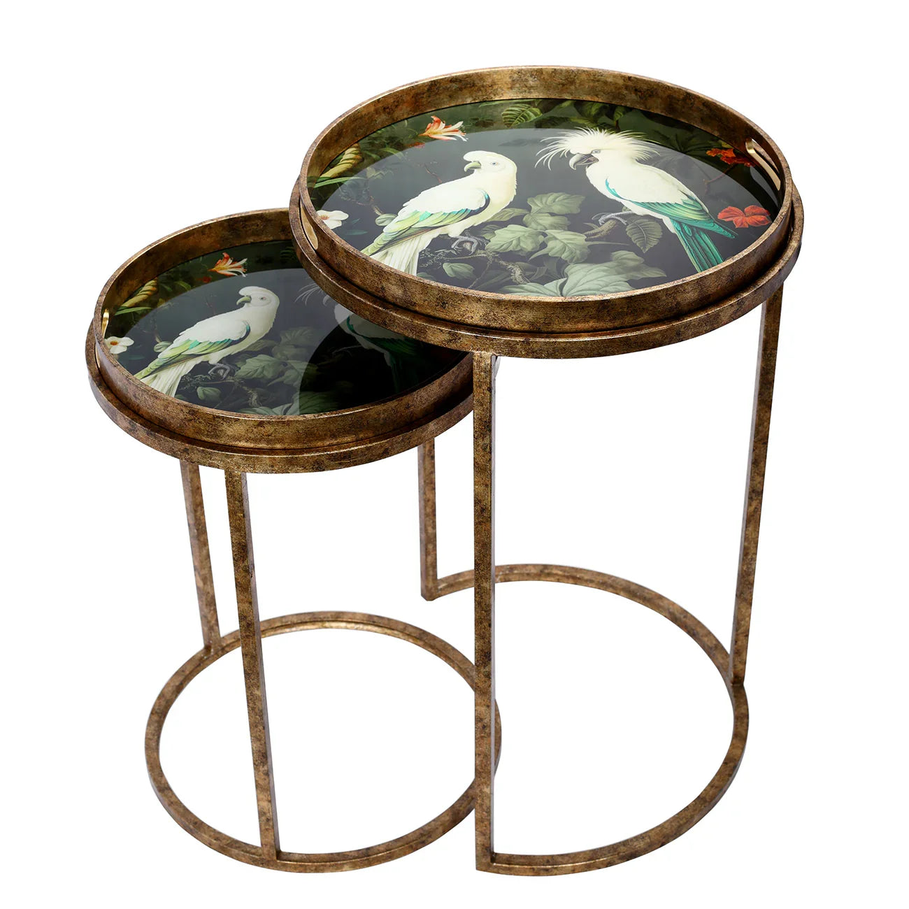 Antique gold side tables with tropical bird design on circular tops.