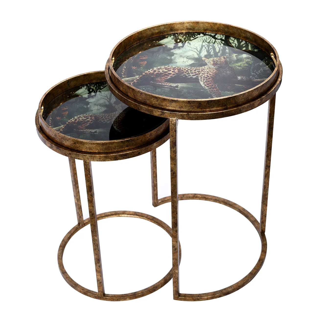 Bronze nesting tray tables with leopard design on tabletops.