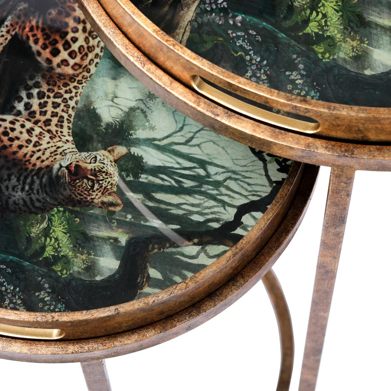 Leopard-themed tray tables with jungle design and bronze finish.
