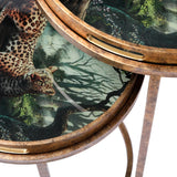 Leopard-themed tray tables with jungle design and bronze finish.