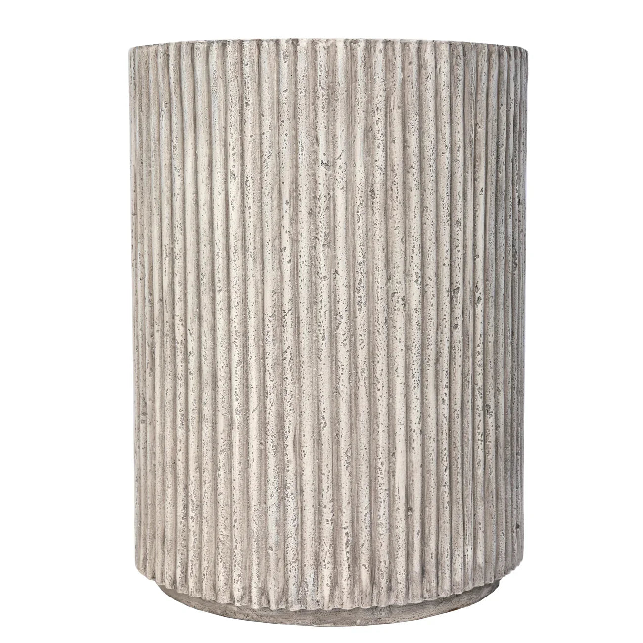 Beige cylindrical table with vertical ribbed texture.