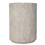 Beige cylindrical table with vertical ribbed texture.