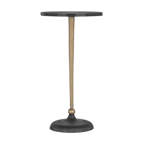Black round side table with slender gold stem and textured base.
